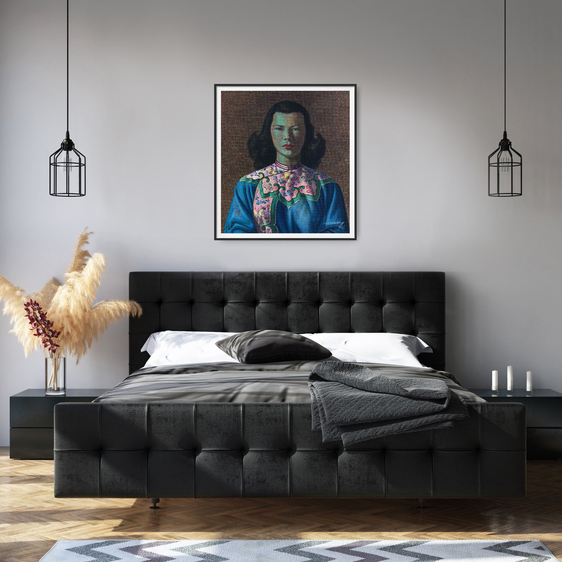 Tretchikoff print Chinese Girl with Blue Jacket in bedroom setting