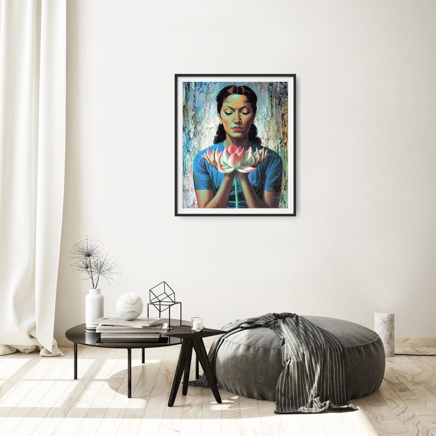Tretchikoff PRINT Water Lily 59cm wide with Black frame in sitting room setting