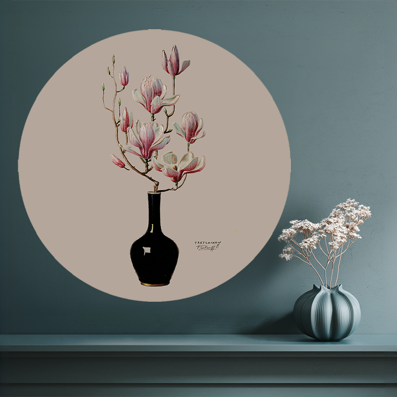 Pink Magnolias in Black Vase | Premium Vinyl Wall Decal | Tretchikoff